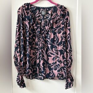 Anthropologie Navy and Pink Patterned Blouse